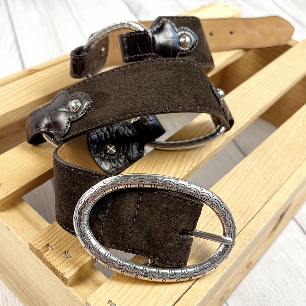 Brighton Alligator Leather Suede Decorative Silver Link Belt Silver Buckle